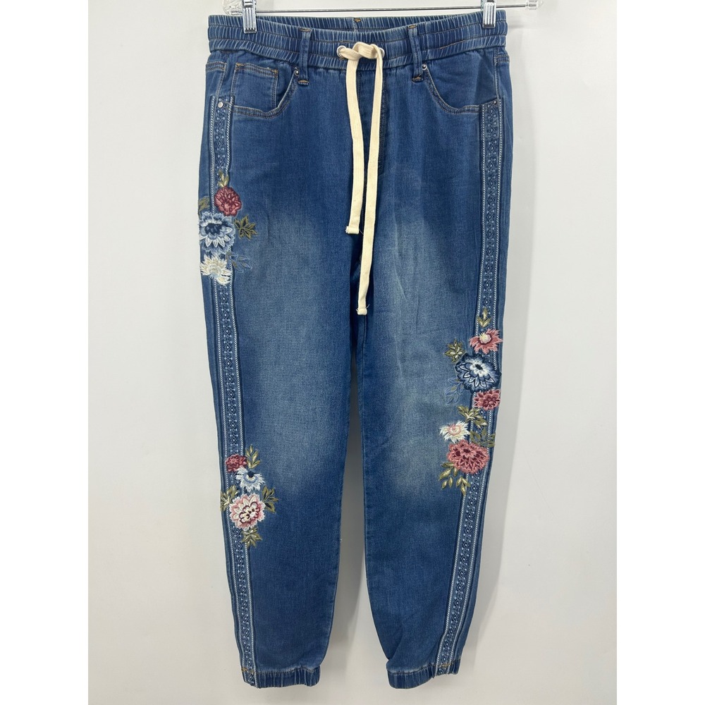 Driftwood Floral Embroidered Denim Joggers Blue Medium Wash Elastic Waist XL